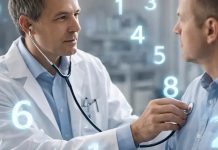 Mik azok a táppénz kódok és mire valók? férfi orvos sztetoszkóppal vizsgál egy beteget a rendelőben, körülöttük lebegő számok, amelyek a táppénz kódok témáját szemléltetik